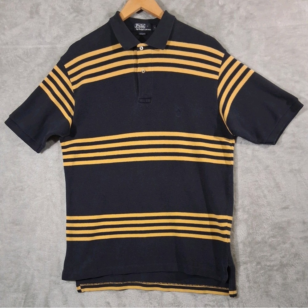 Vintage Polo Ralph Lauren Shirt Mens L Navy Blue Yellow Striped 90s Cotton Vtg